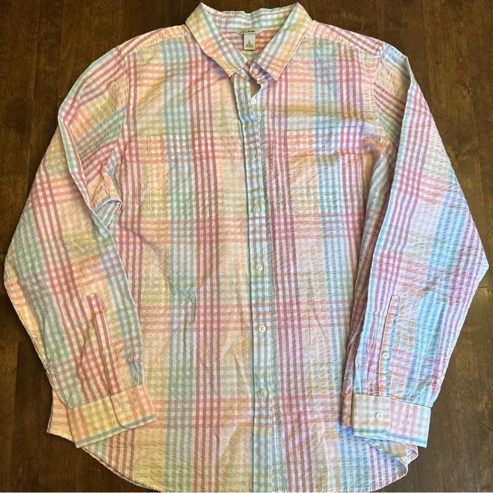 LL‎ Bean Large Vacationland Seersucker Cotton Gingham Plaid Colorful Travel